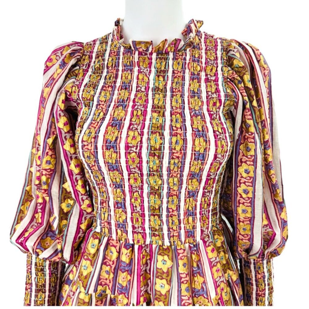 Oliphant NEW Petal Smocked Flirty 3/4 Sleeve Smocked Floral Mini Dress Size S - Picture 9 of 9